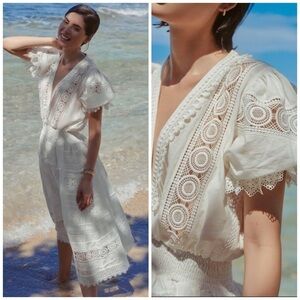 Waimari Lumiere Guipure Lace Voile Smocked Short Sleeve Midi Dress White Summer